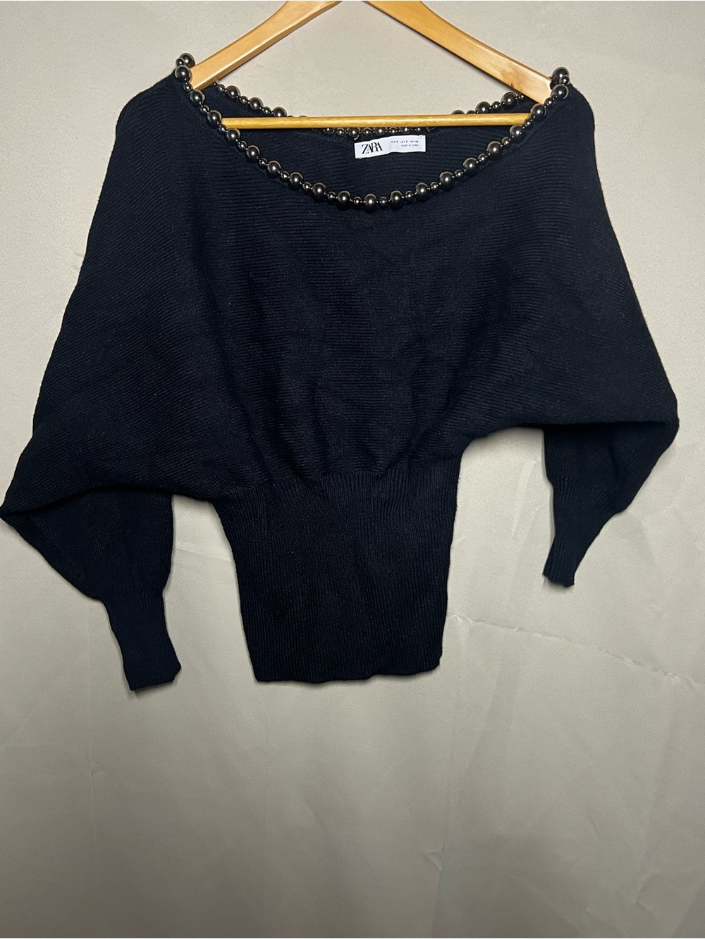 ZARA Black Beaded Neck Batwing Dolman Knit Sweater Top Size S